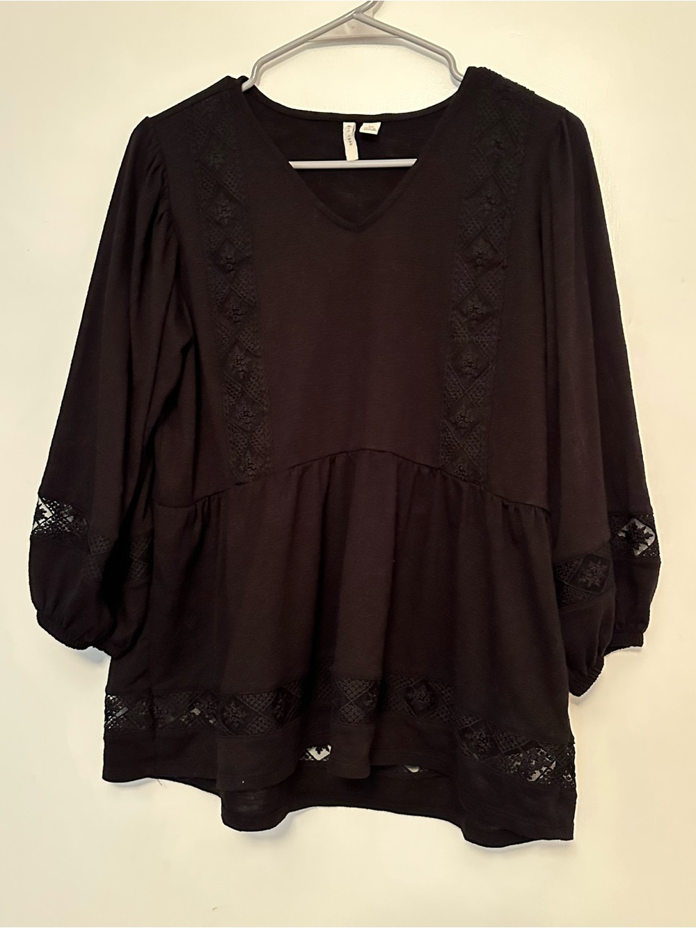Black V-Neck Peasant Blouse with Lace Insets